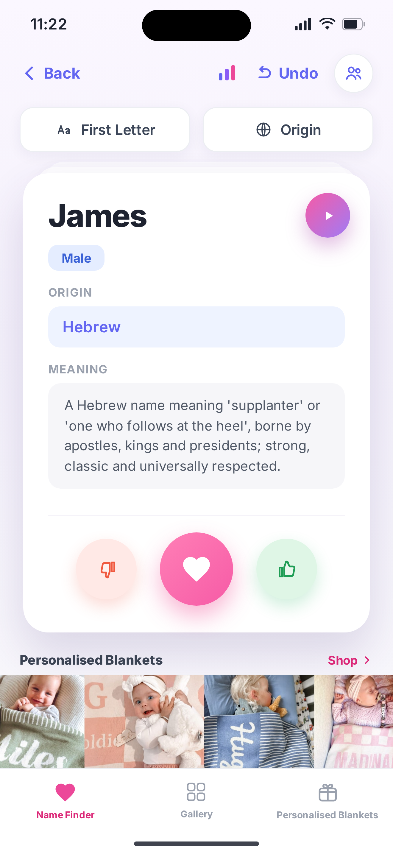Baby Name Finder swipe screen showing a name card with meaning and origin